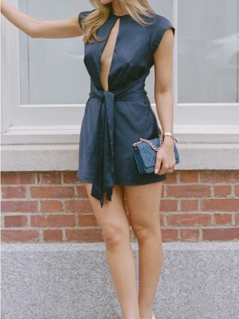 Few Moda Hamptons Mini Dress with Front Keyhole and Tie Waist